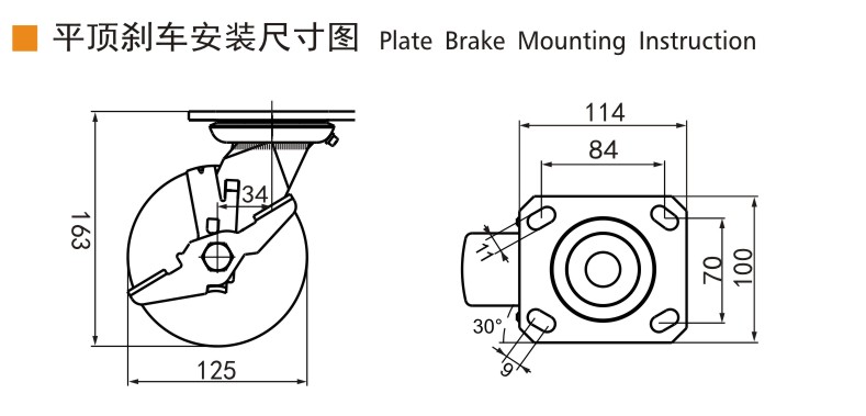 EDL Stainless Steel Heavy 5''300kg Plate Side Brake TPE Caster S71725C-S715-55/C